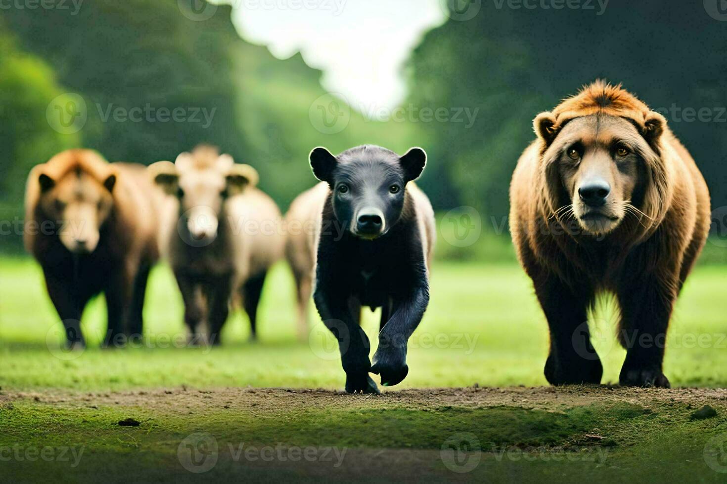 a group of brown bears walking in a field. AI-Generated photo