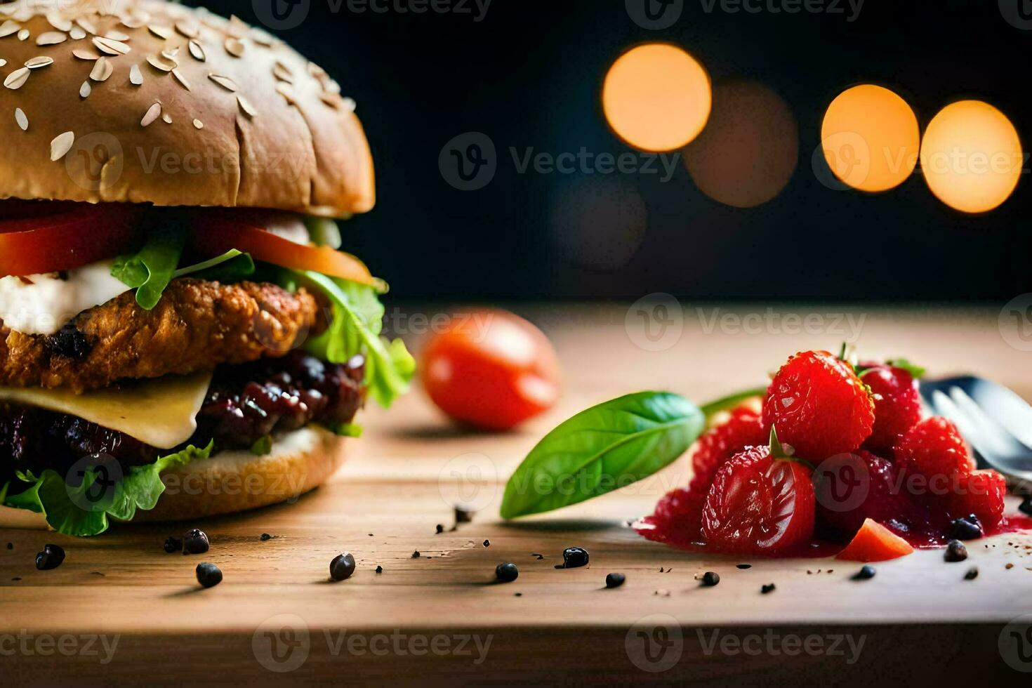 a hamburger with cheese, tomatoes and strawberries. AI-Generated photo