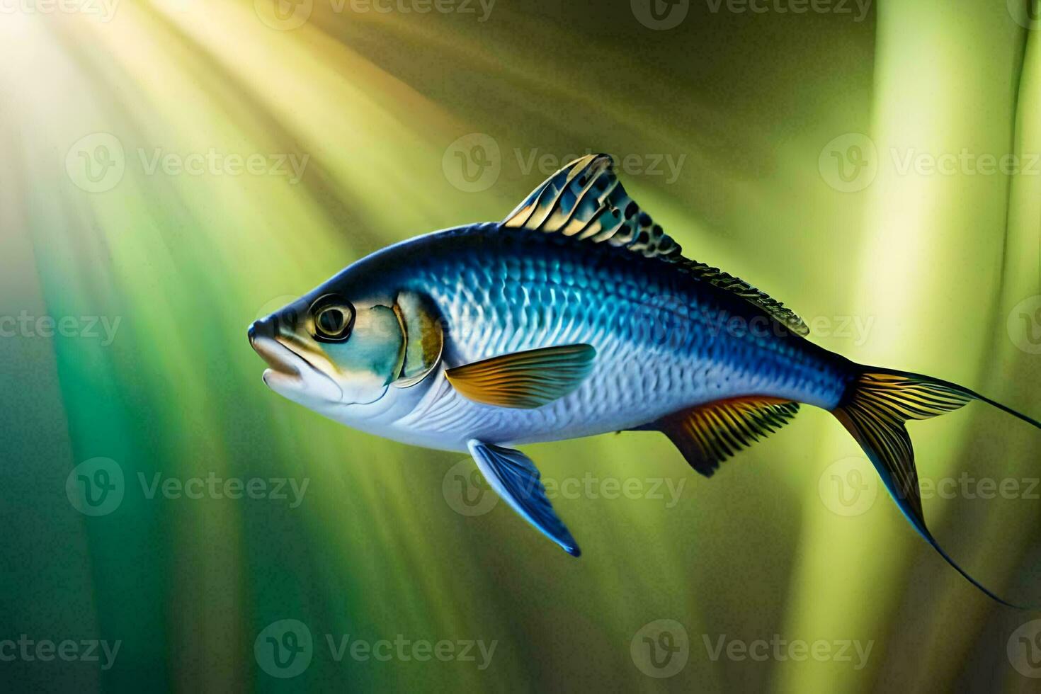 a fish is flying through the air with sunlight. AI-Generated photo