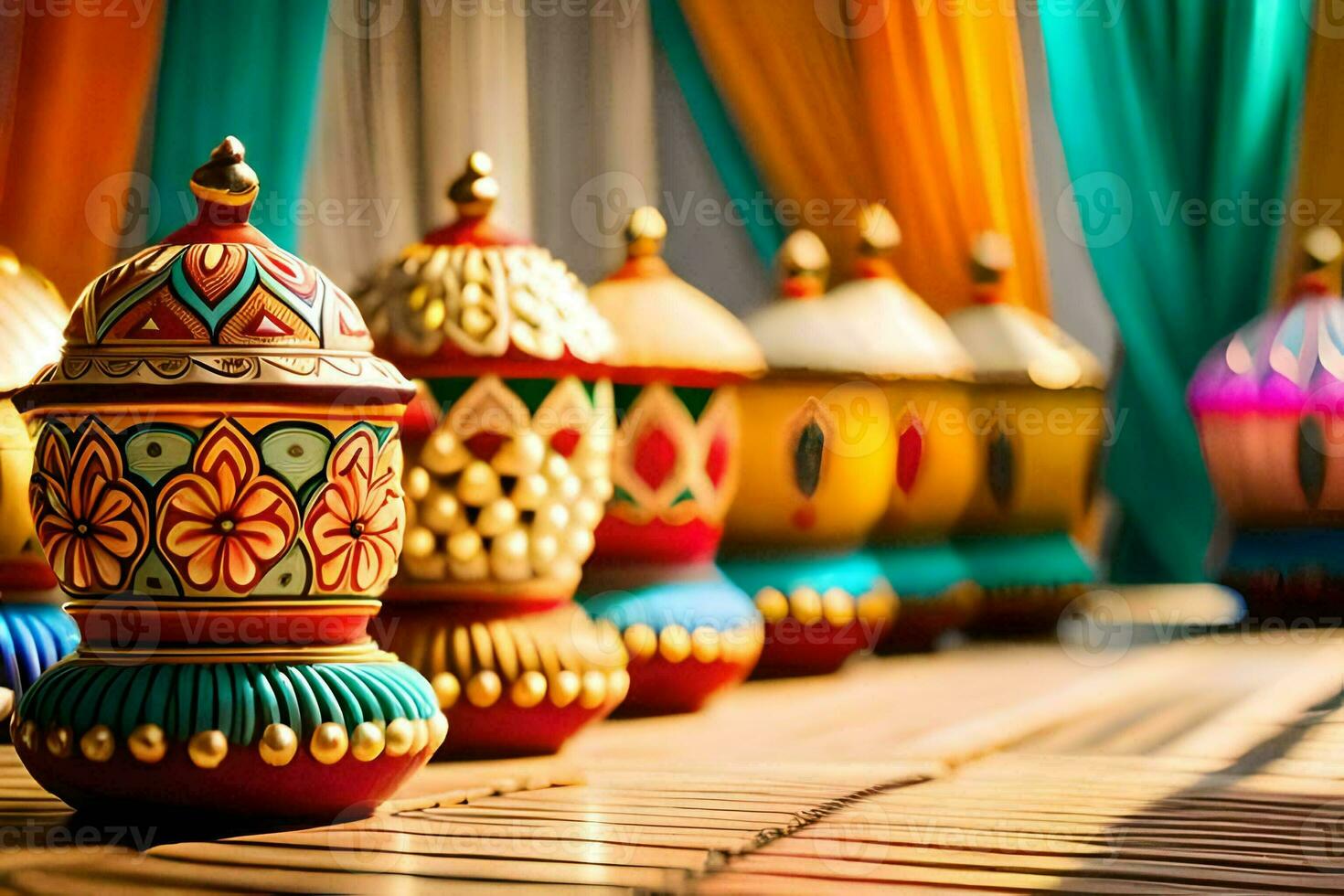 colorful diyas are lined up on a wooden table. AI-Generated photo