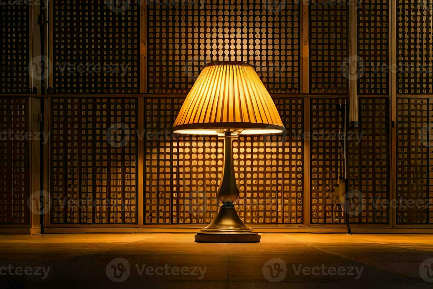 a lamp is sitting on a table in front of a wall. AI-Generated photo