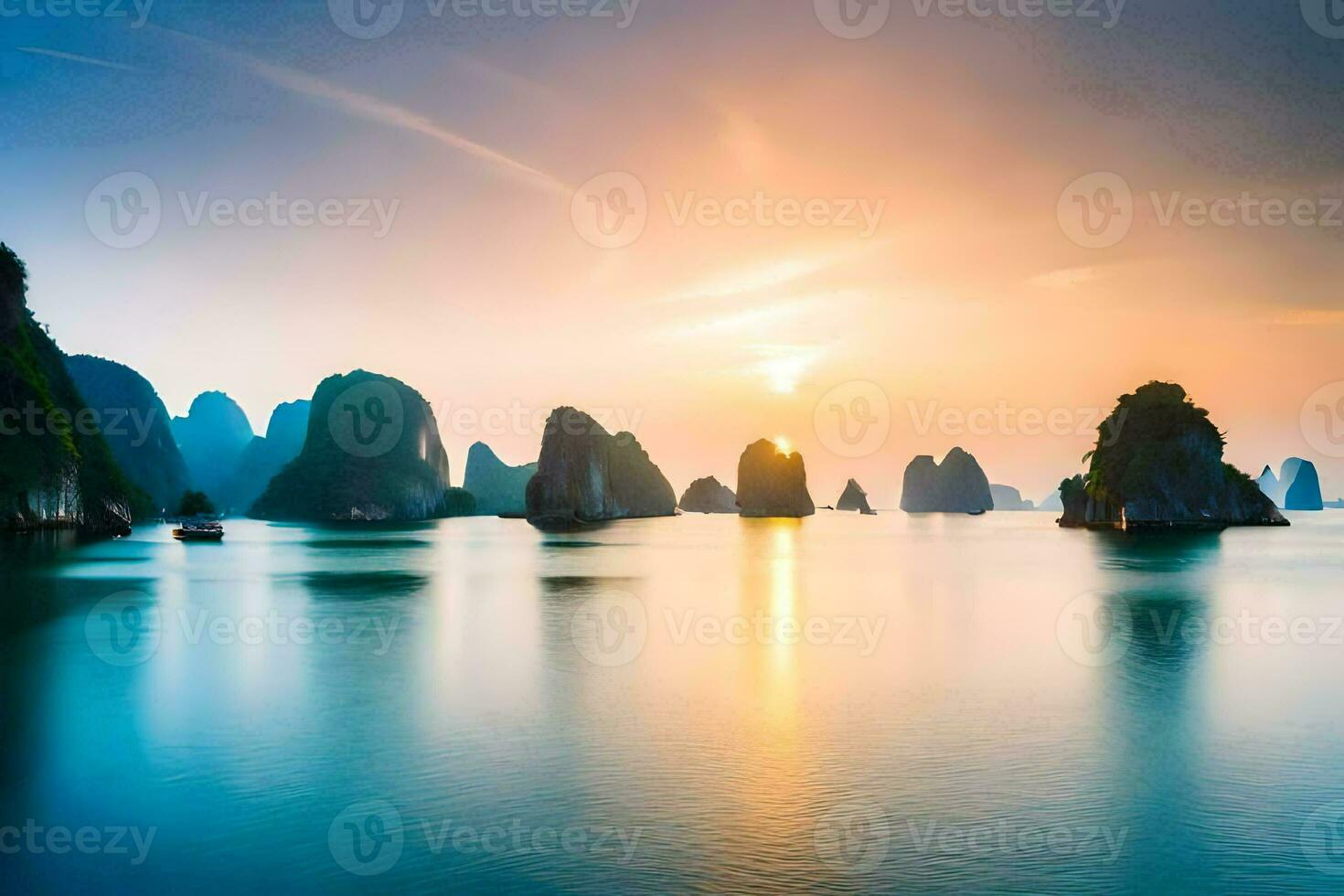 the sun rises over the water in halong bay, vietnam. AI-Generated photo