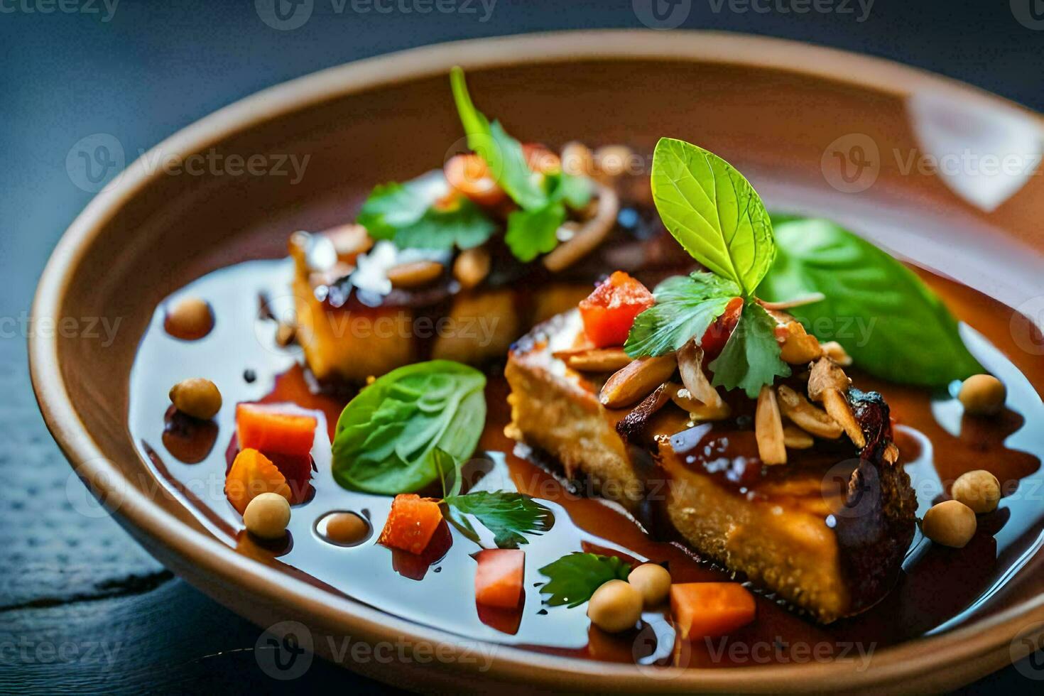 a plate of food with vegetables and sauce. AI-Generated photo