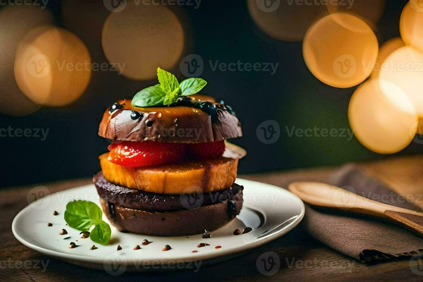 a chocolate cake with fruit and mint on a plate. AI-Generated photo