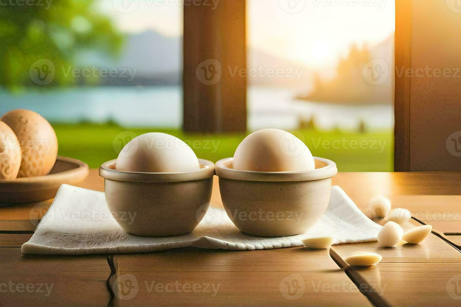 eggs in a basket on a table. AI-Generated photo