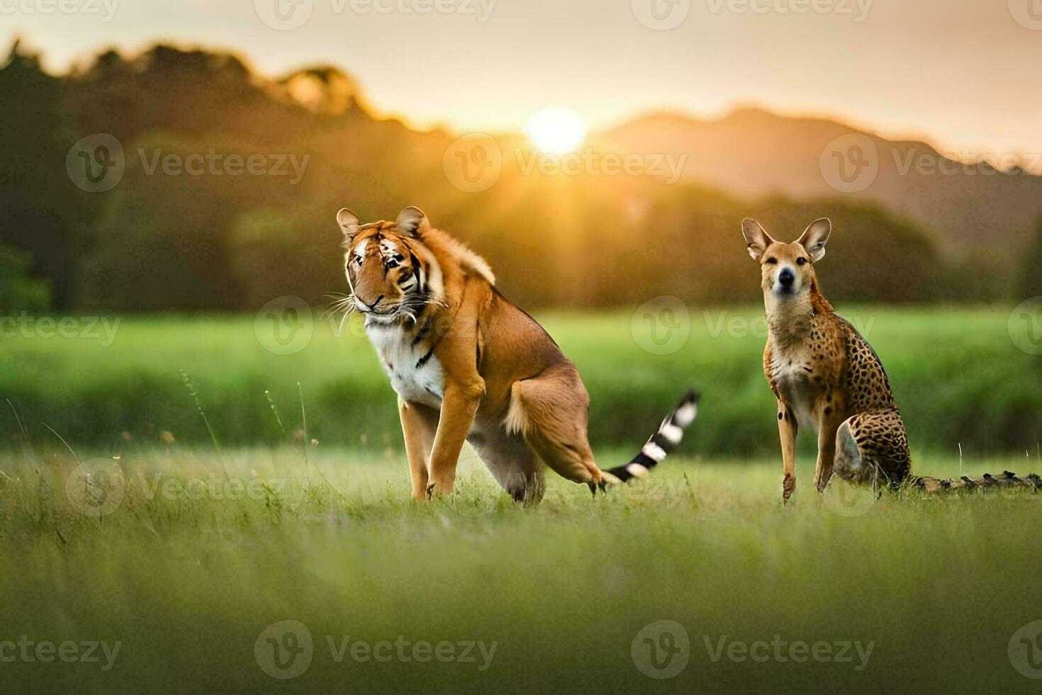 two tigers are standing in the grass at sunset. AI-Generated photo