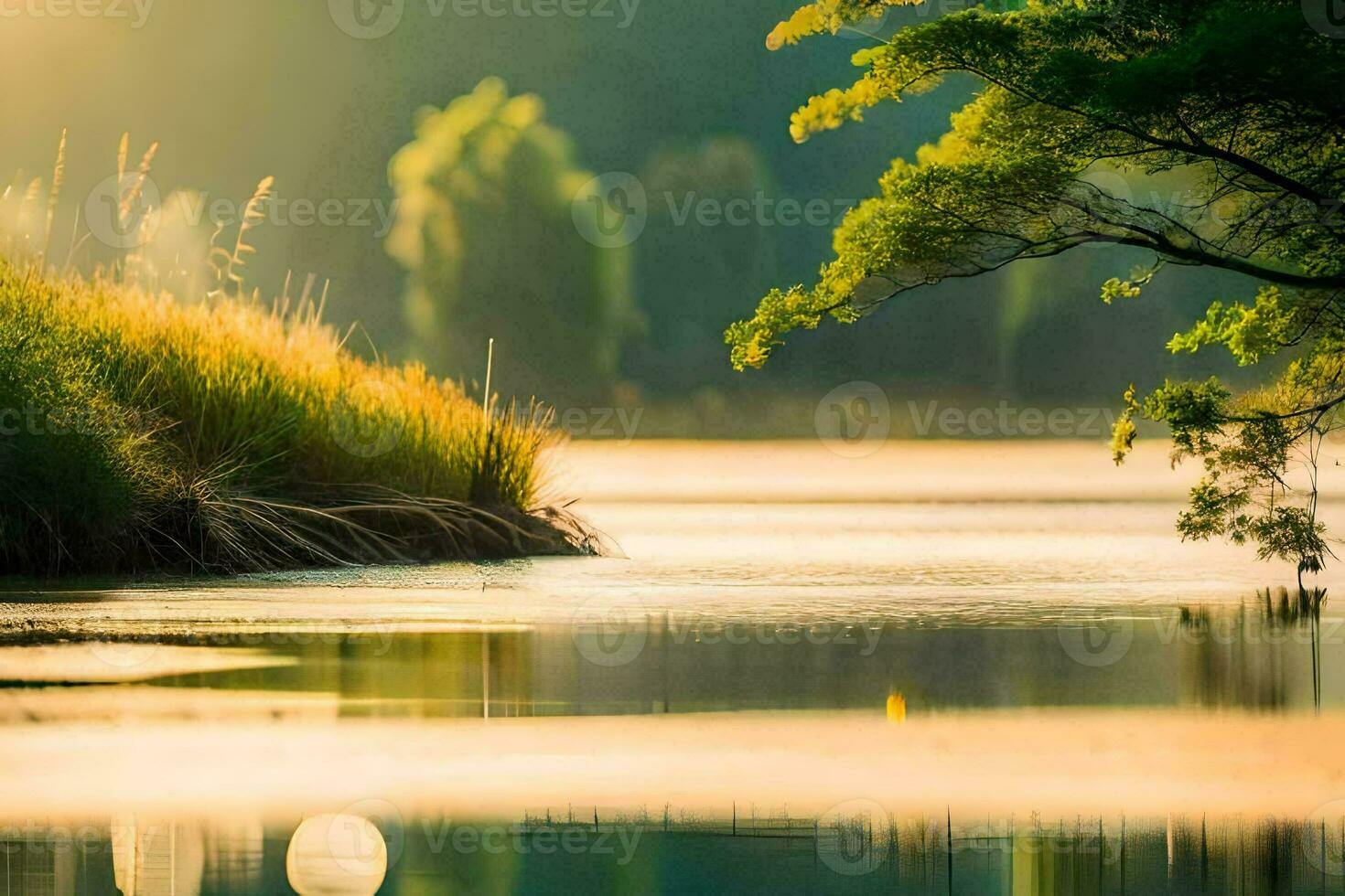 a lake with grass and trees in the background. AI-Generated photo