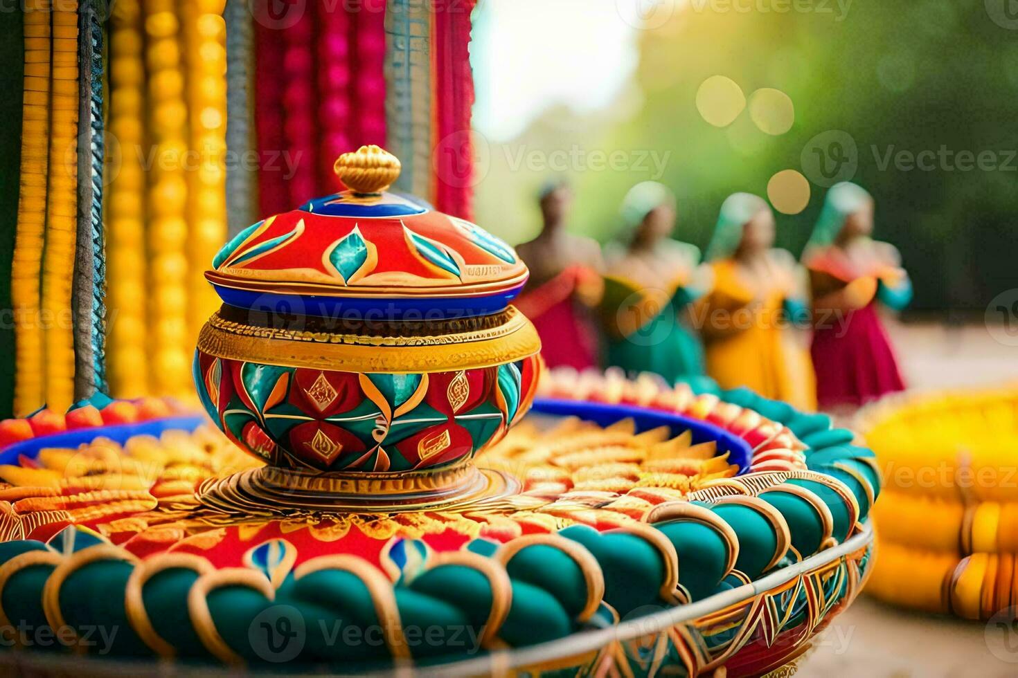 colorful pottery on display at a festival. AI-Generated photo