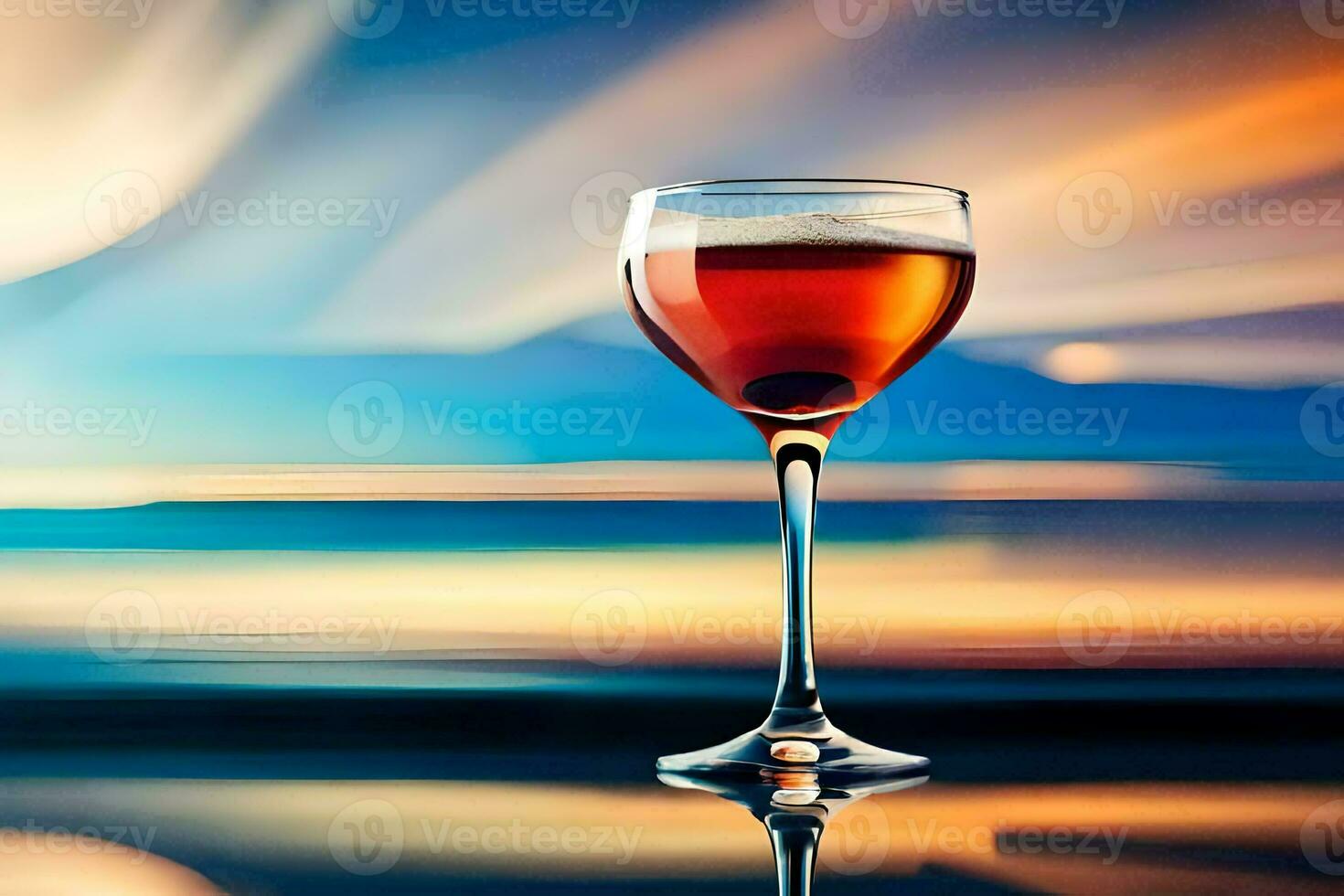 a glass of wine on a table in front of a sunset. AI-Generated photo