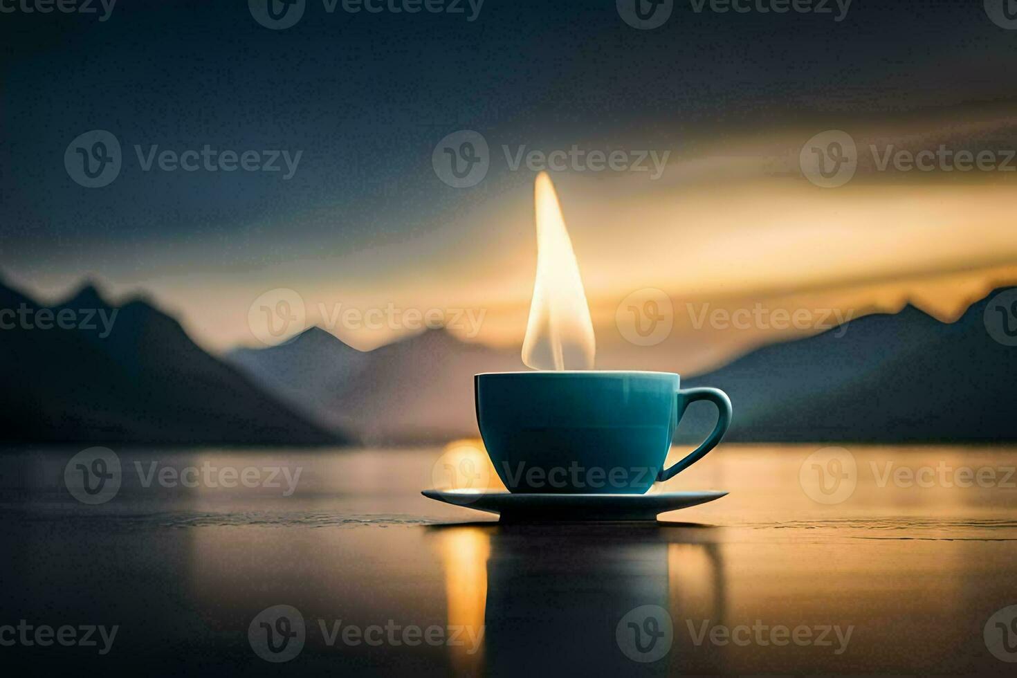 a cup of coffee on a table with a flame in the middle. AI-Generated photo
