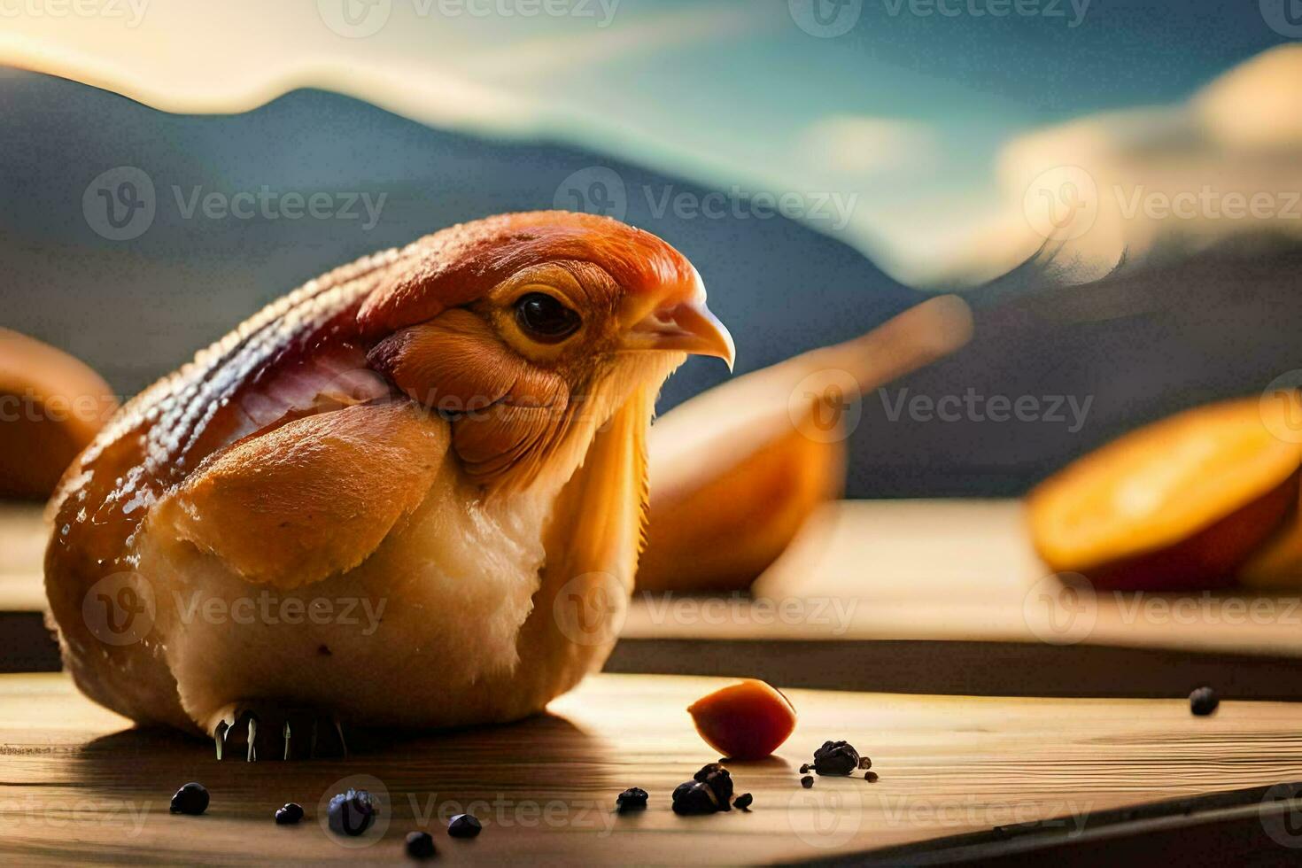 a bird sitting on top of a table with fruit and nuts. AI-Generated photo