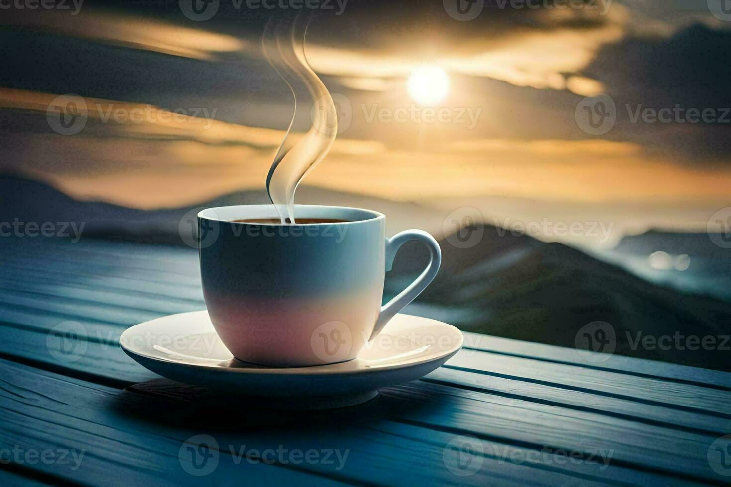 a cup of coffee on a wooden table with a view of the mountains. AI-Generated photo