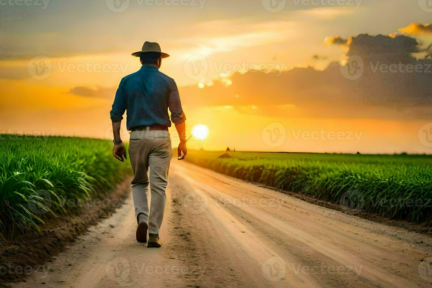a man in a hat walks down a dirt road at sunset. AI-Generated photo