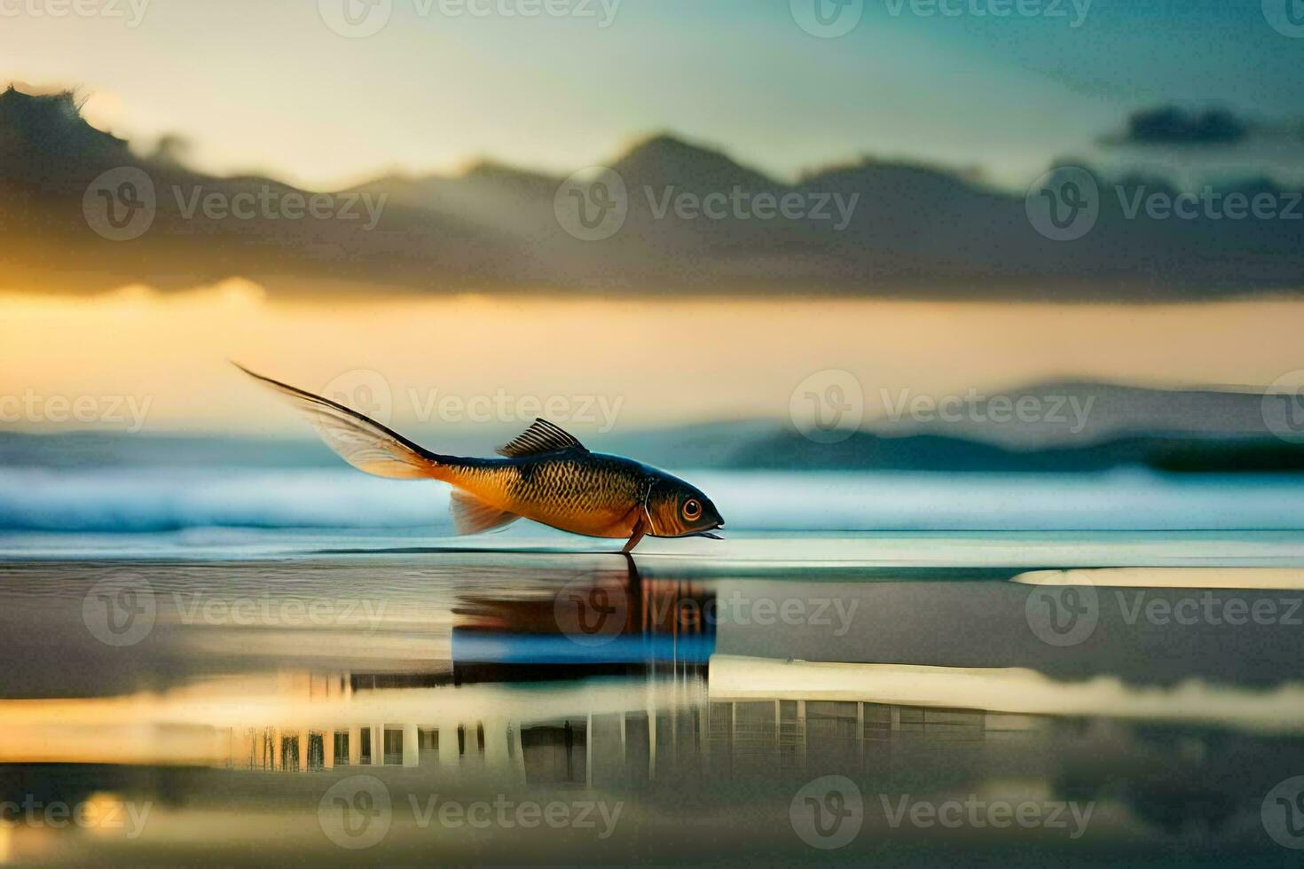 a fish is standing on the beach at sunset. AI-Generated photo
