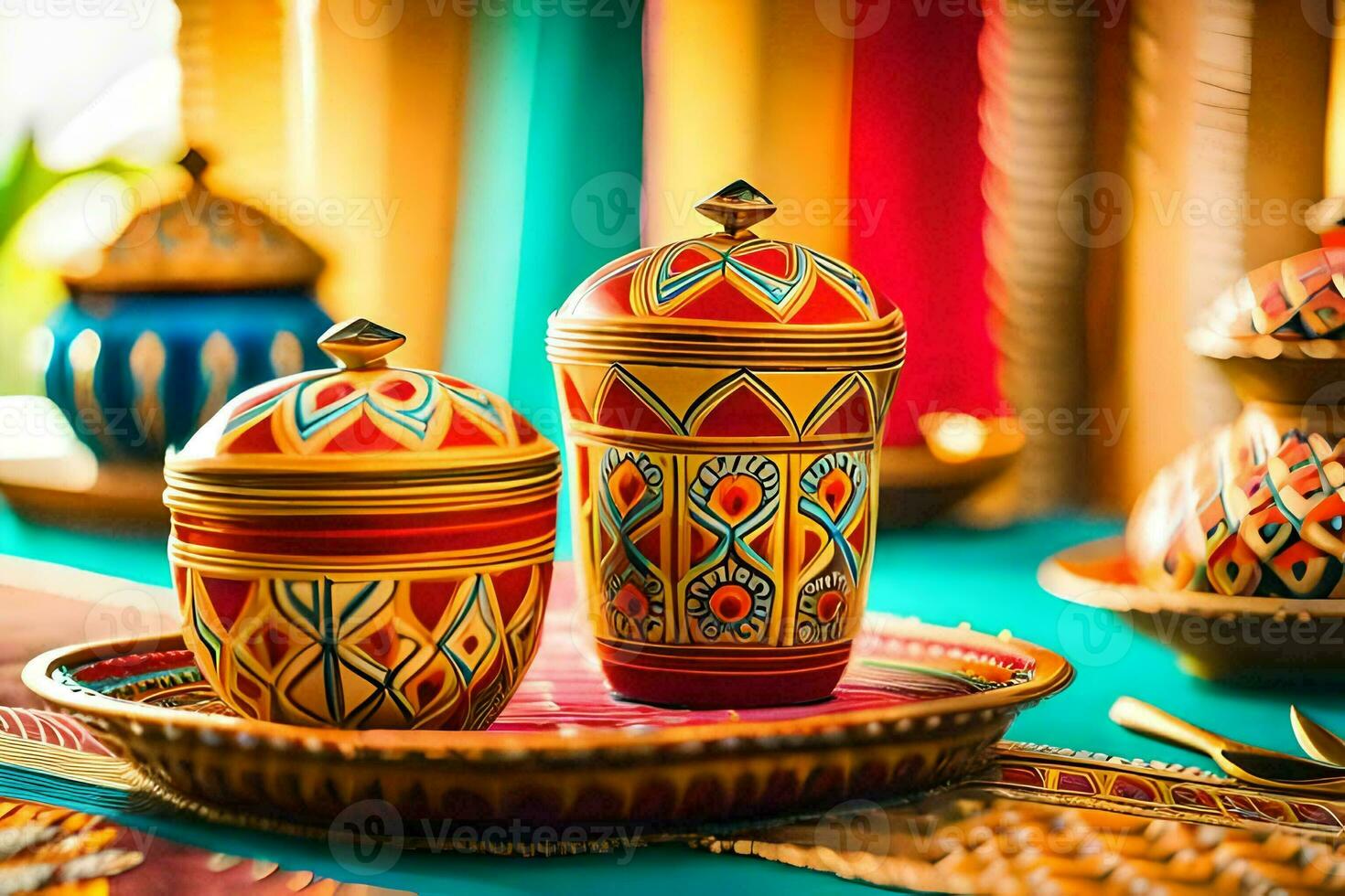 colorful decorative jars on a table with plates and utensils. AI-Generated photo