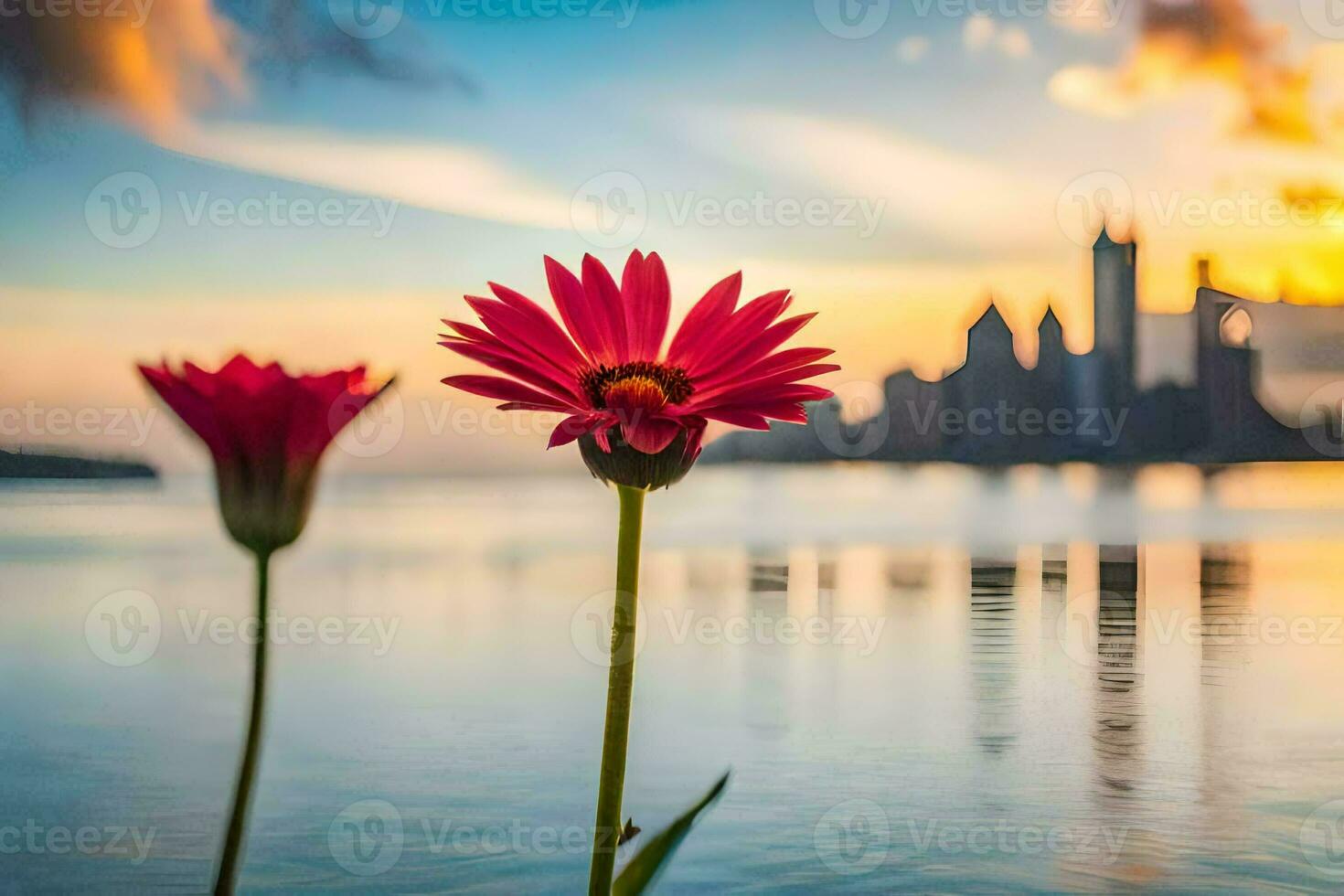 two flowers are standing in front of a city skyline. AI-Generated photo