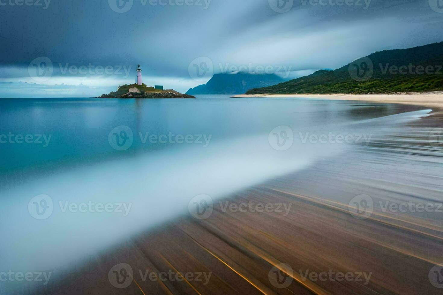 a lighthouse on a beach with waves and a cloudy sky. AI-Generated photo