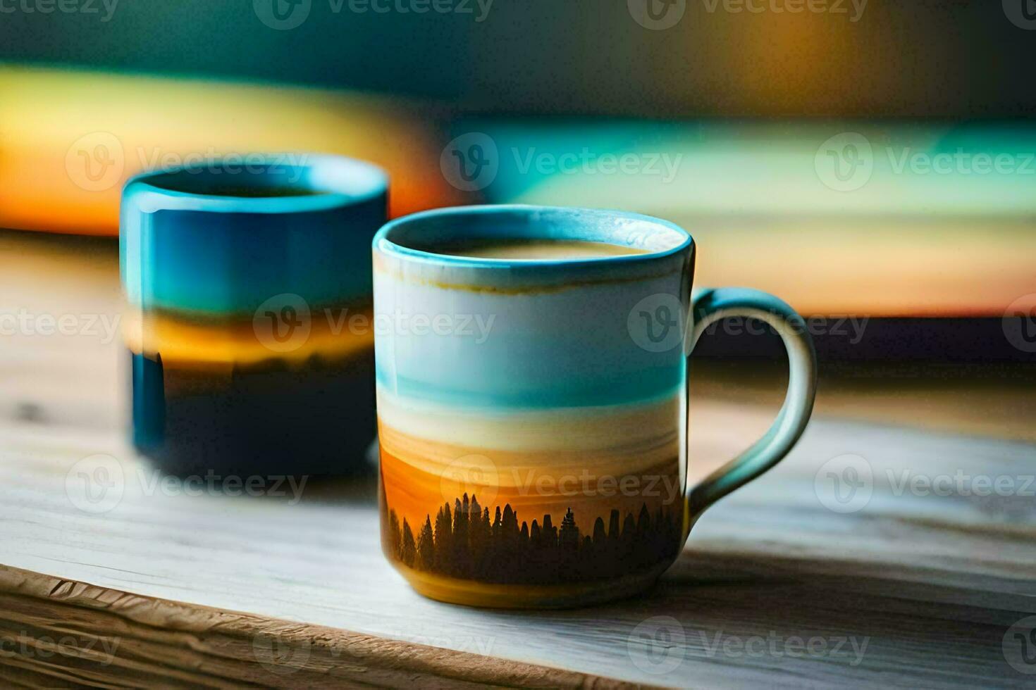 two coffee cups with trees on them. AI-Generated photo