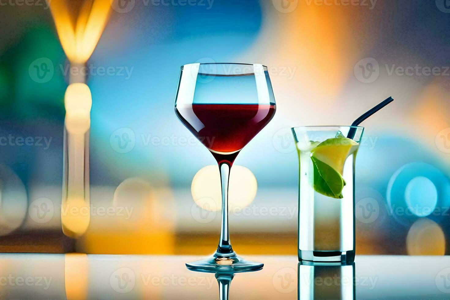 two glasses of wine and a lime on a table. AI-Generated photo