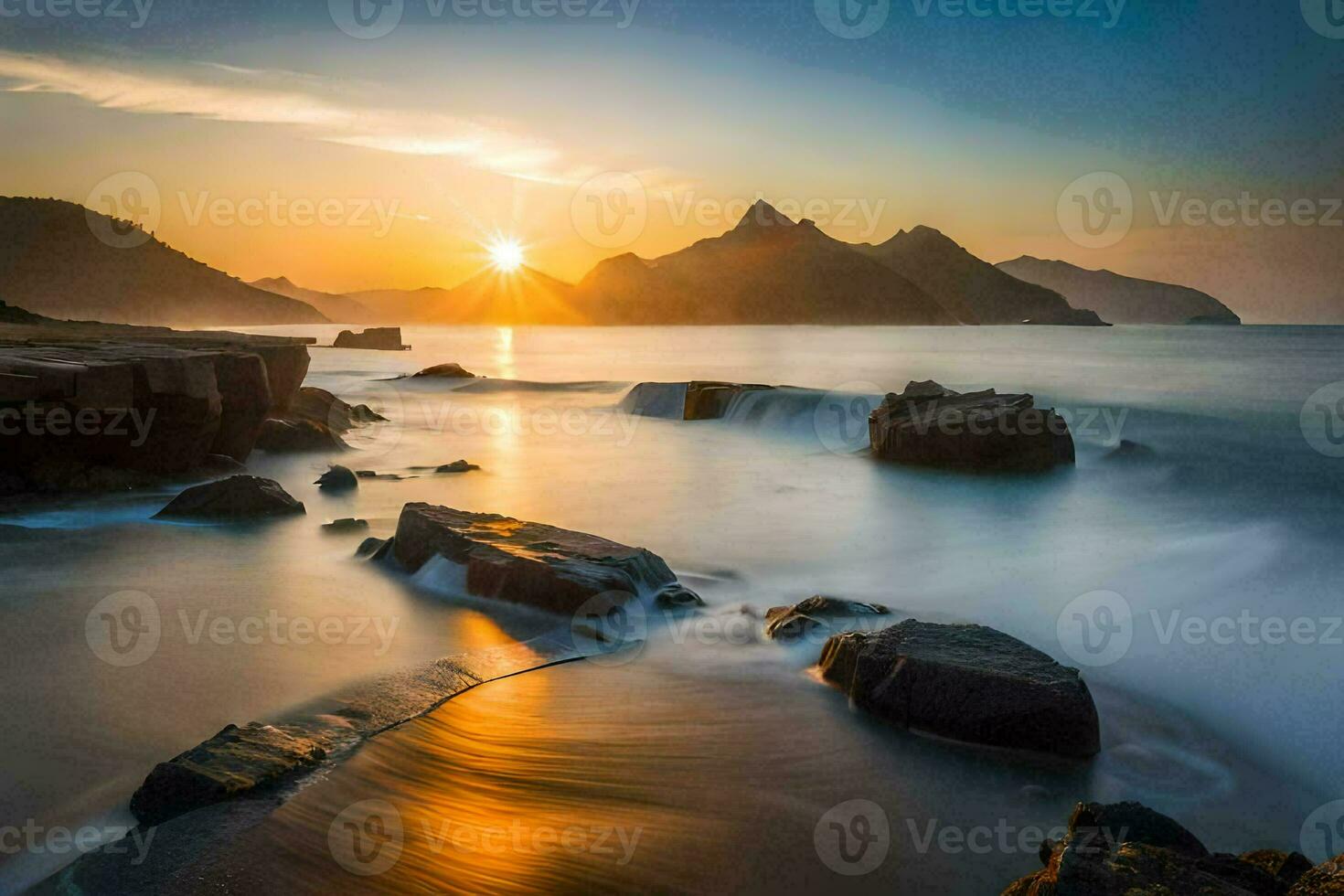 the sun rises over the ocean and rocks in the foreground. AI-Generated photo
