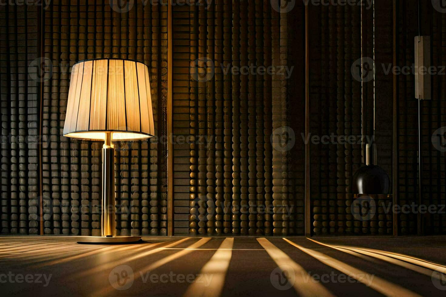 a lamp is sitting on a table in front of a wall. AI-Generated photo