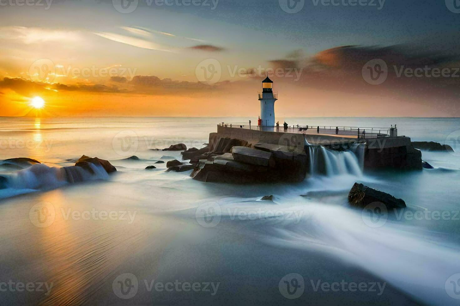 a lighthouse sits on the rocks at sunset. AI-Generated photo