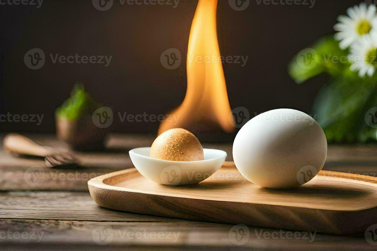 two eggs on a wooden tray with a flame in the background. AI-Generated photo