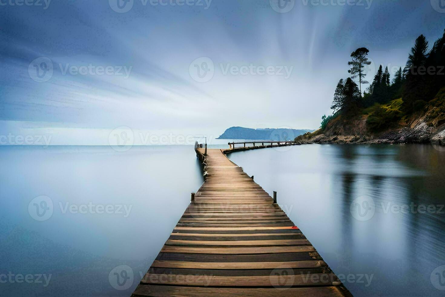 a long exposure photo of a wooden pier in the water. AI-Generated