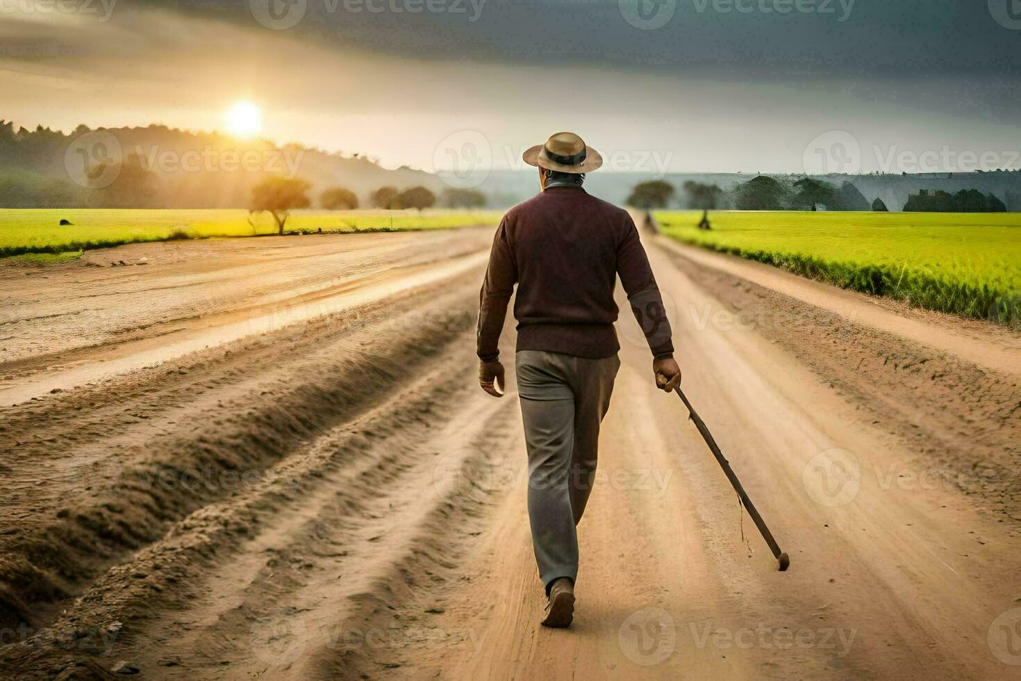a man walking down a dirt road with a cane. AI-Generated photo