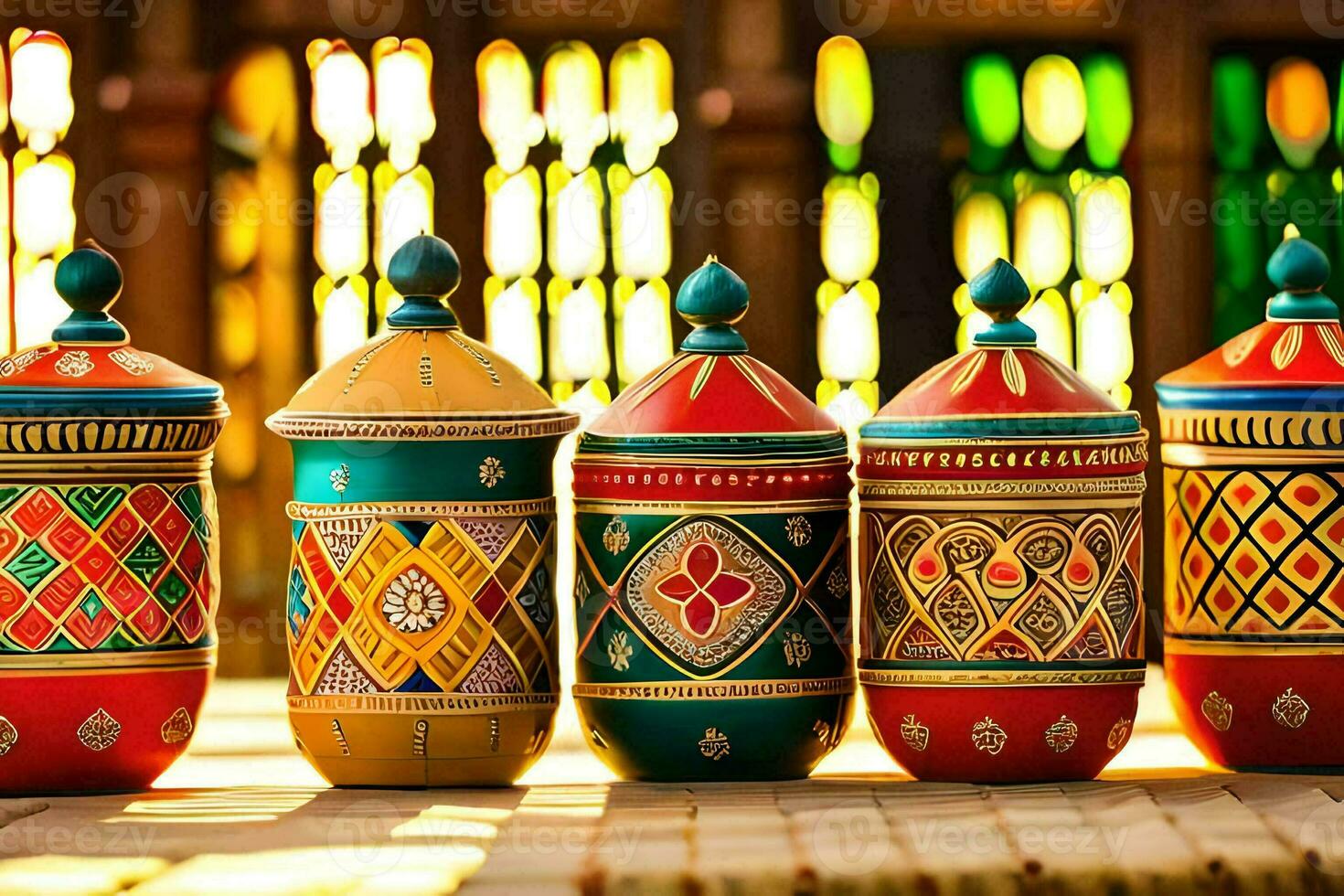five colorful painted jars sitting on a table. AI-Generated photo