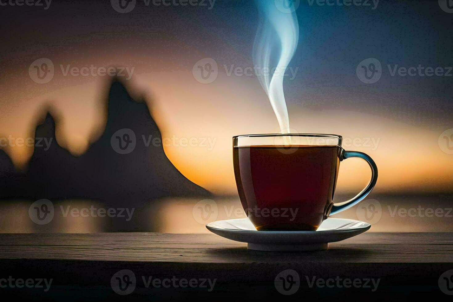 a cup of coffee on a table with mountains in the background. AI-Generated photo