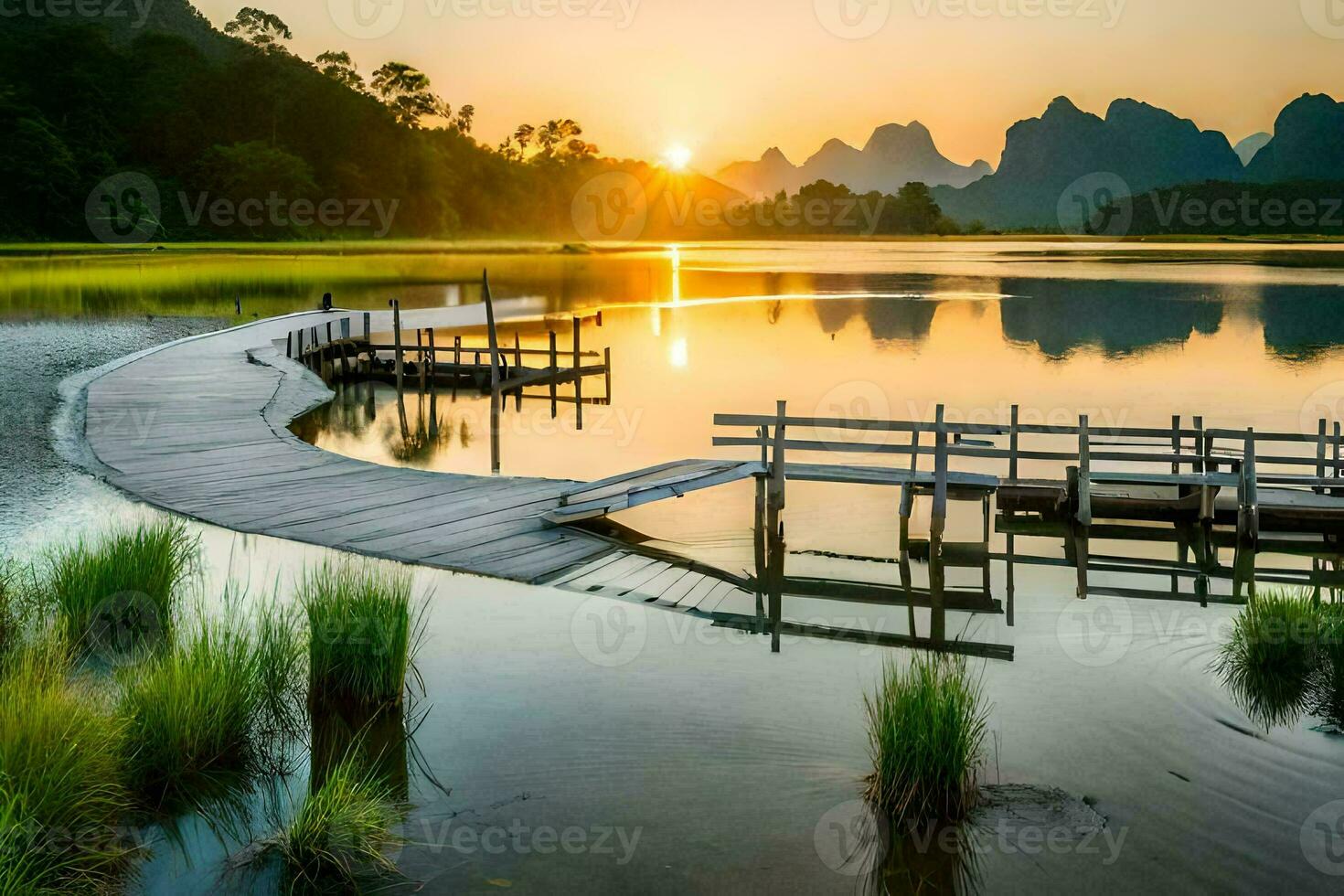 the sun rises over a lake and a wooden dock. AI-Generated photo