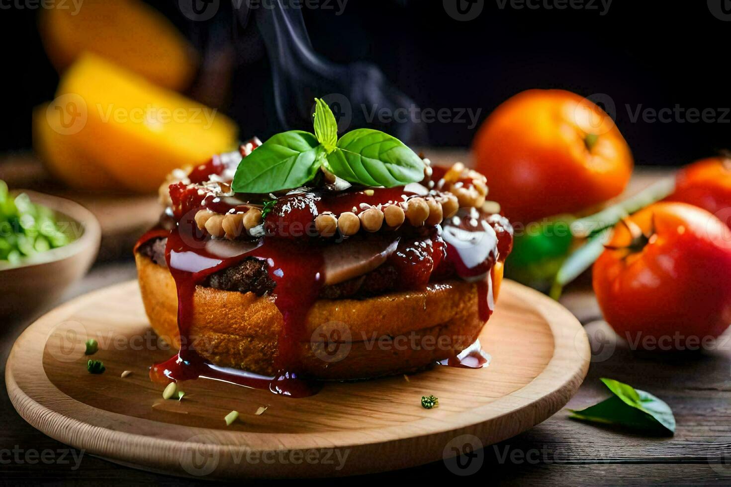 a hamburger with sauce and vegetables on a wooden plate. AI-Generated photo