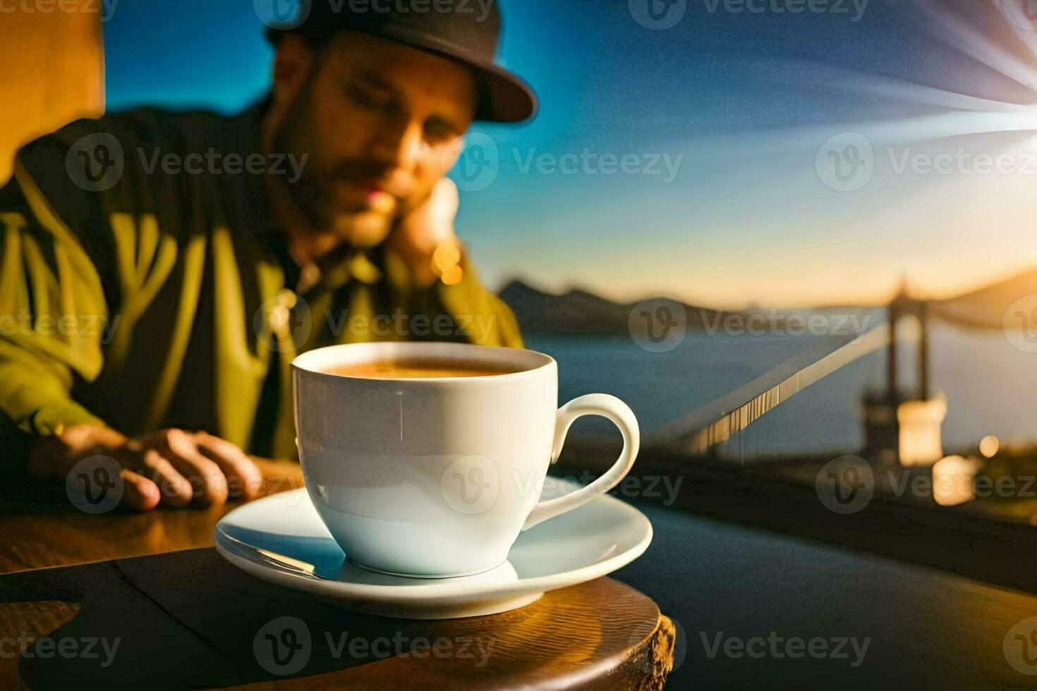 a man sitting at a table with a cup of coffee. AI-Generated photo