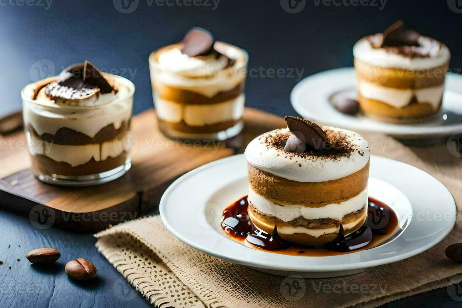 three desserts in small dishes on a wooden board. AI-Generated photo