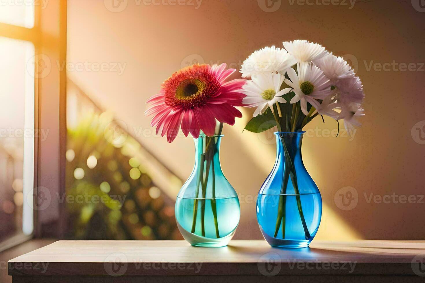 two vases with flowers sitting on a table. AI-Generated photo