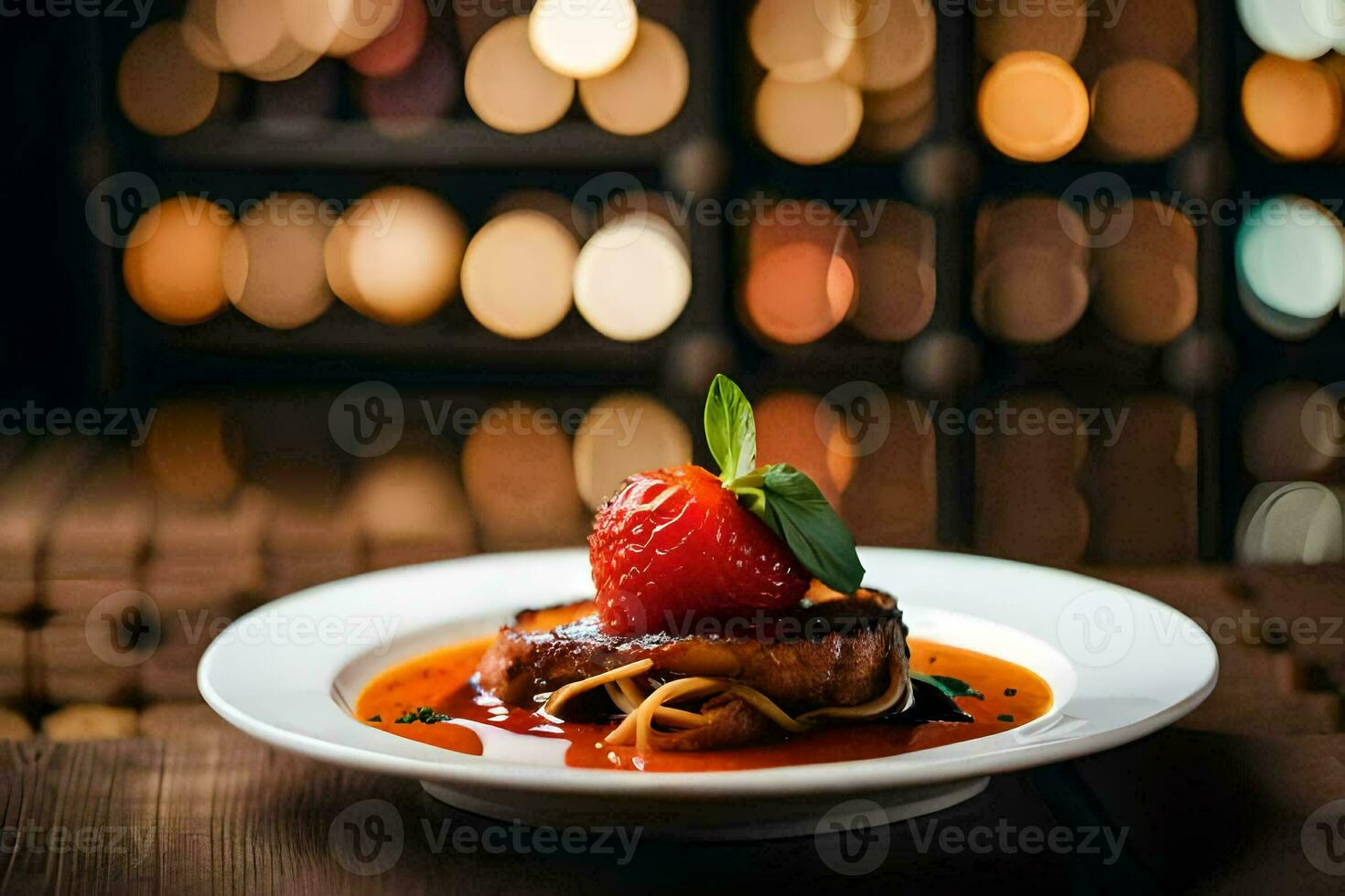 a plate with a strawberry and meat on it. AI-Generated photo