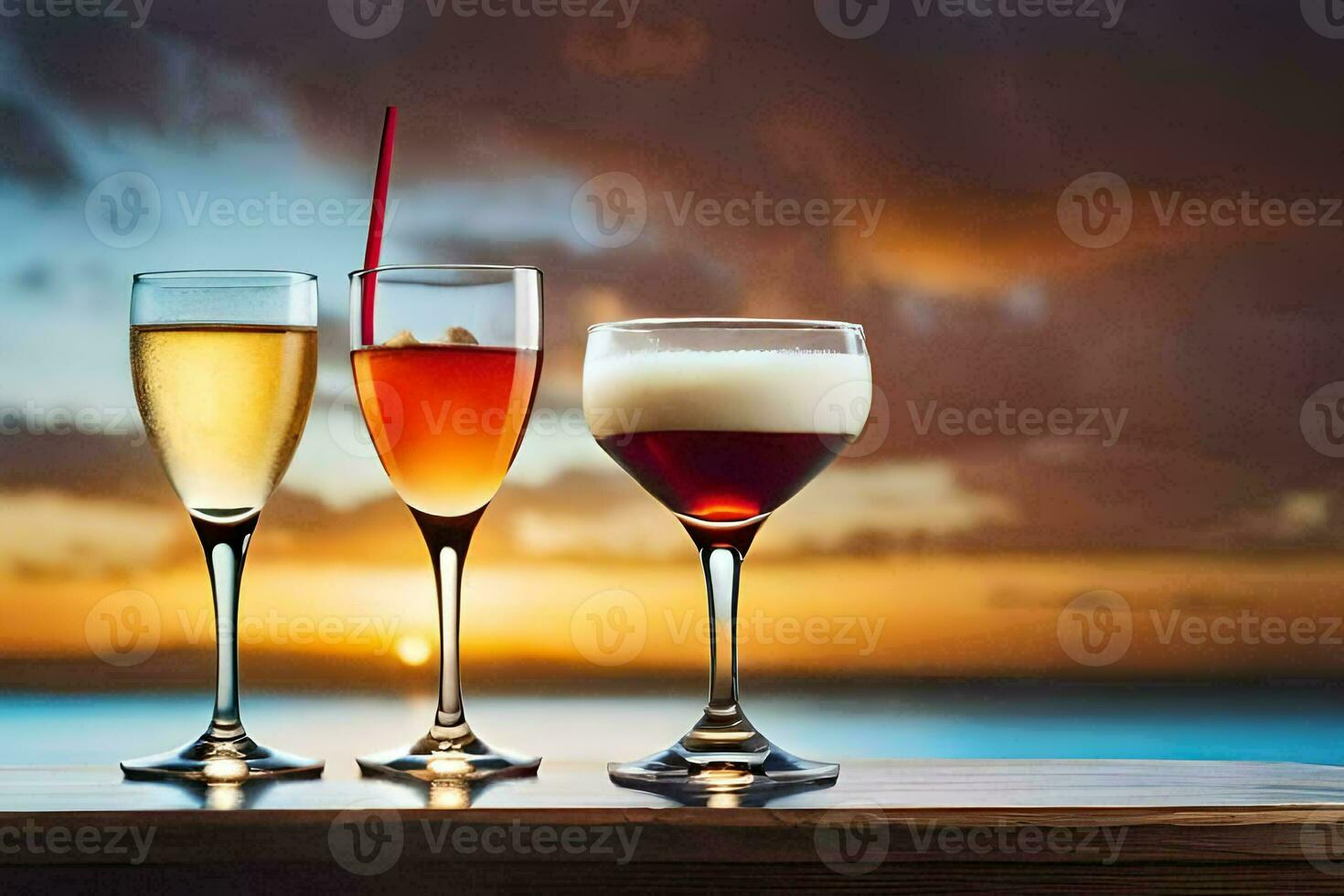 three glasses of wine and champagne on a table. AI-Generated photo