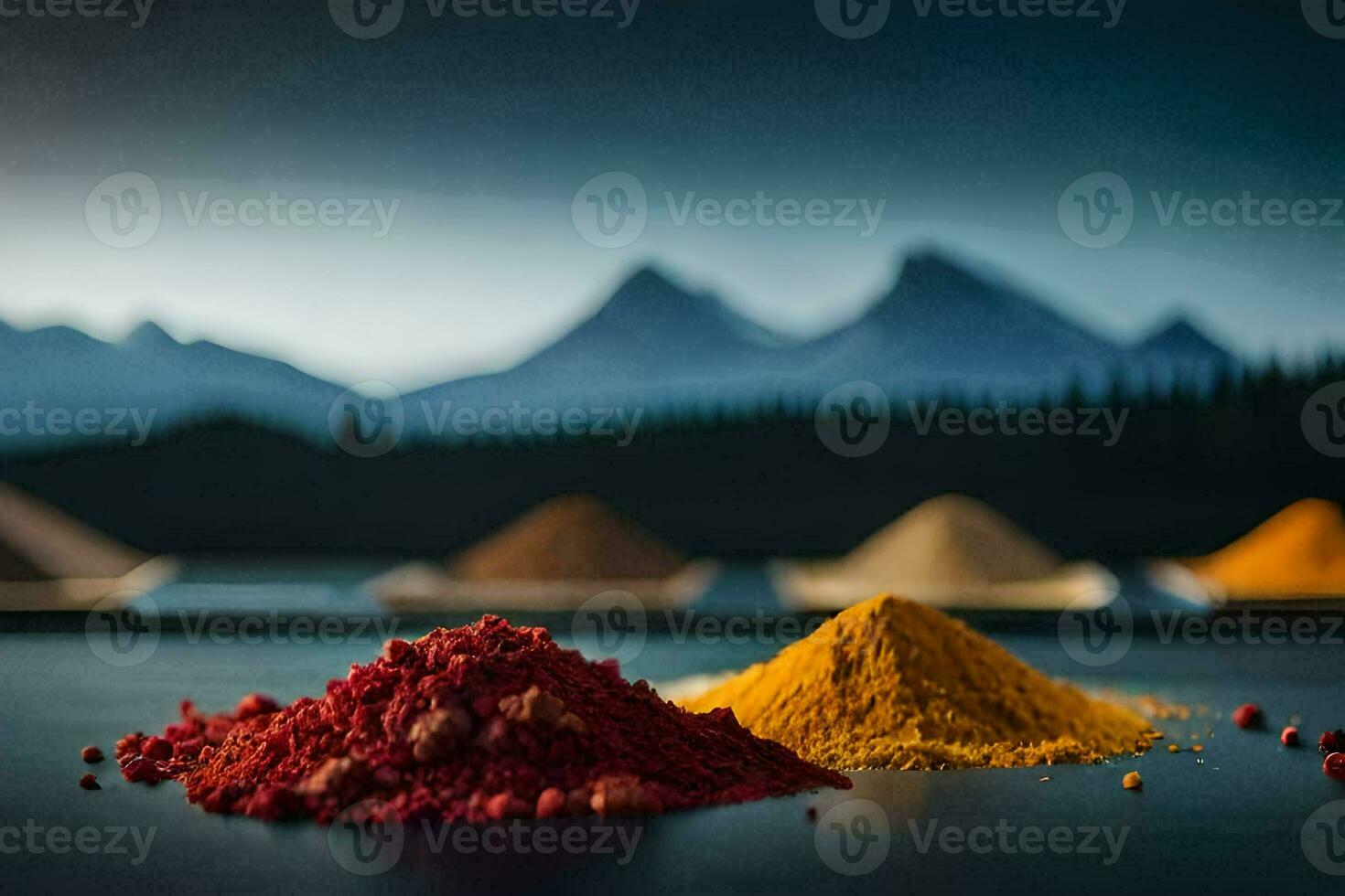 colorful spices on a table with mountains in the background. AI-Generated photo