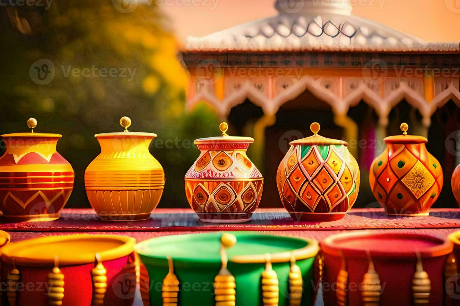 colorful pots and vases lined up in front of a building. AI-Generated photo