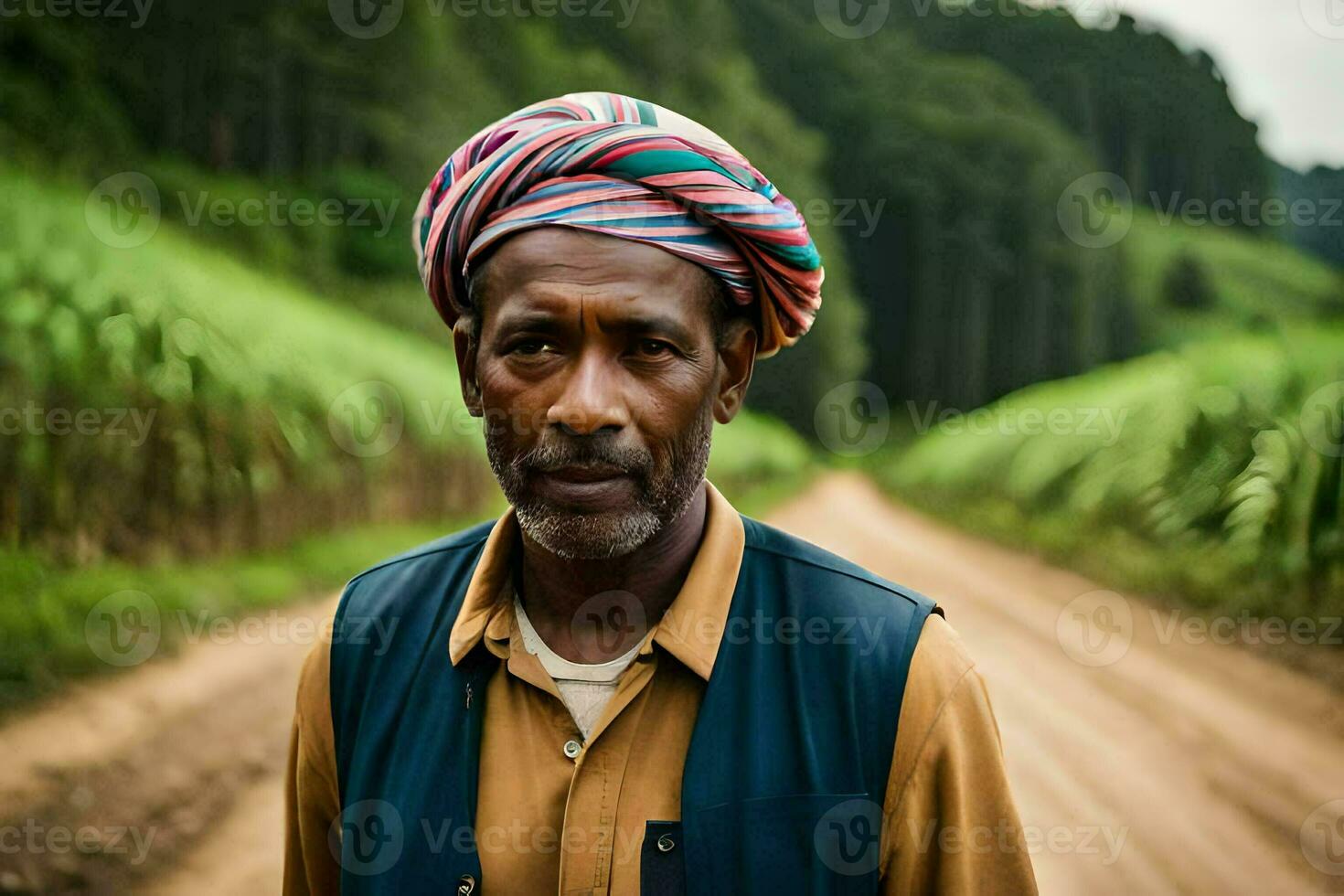 a man in a turban stands on a dirt road. AI-Generated photo