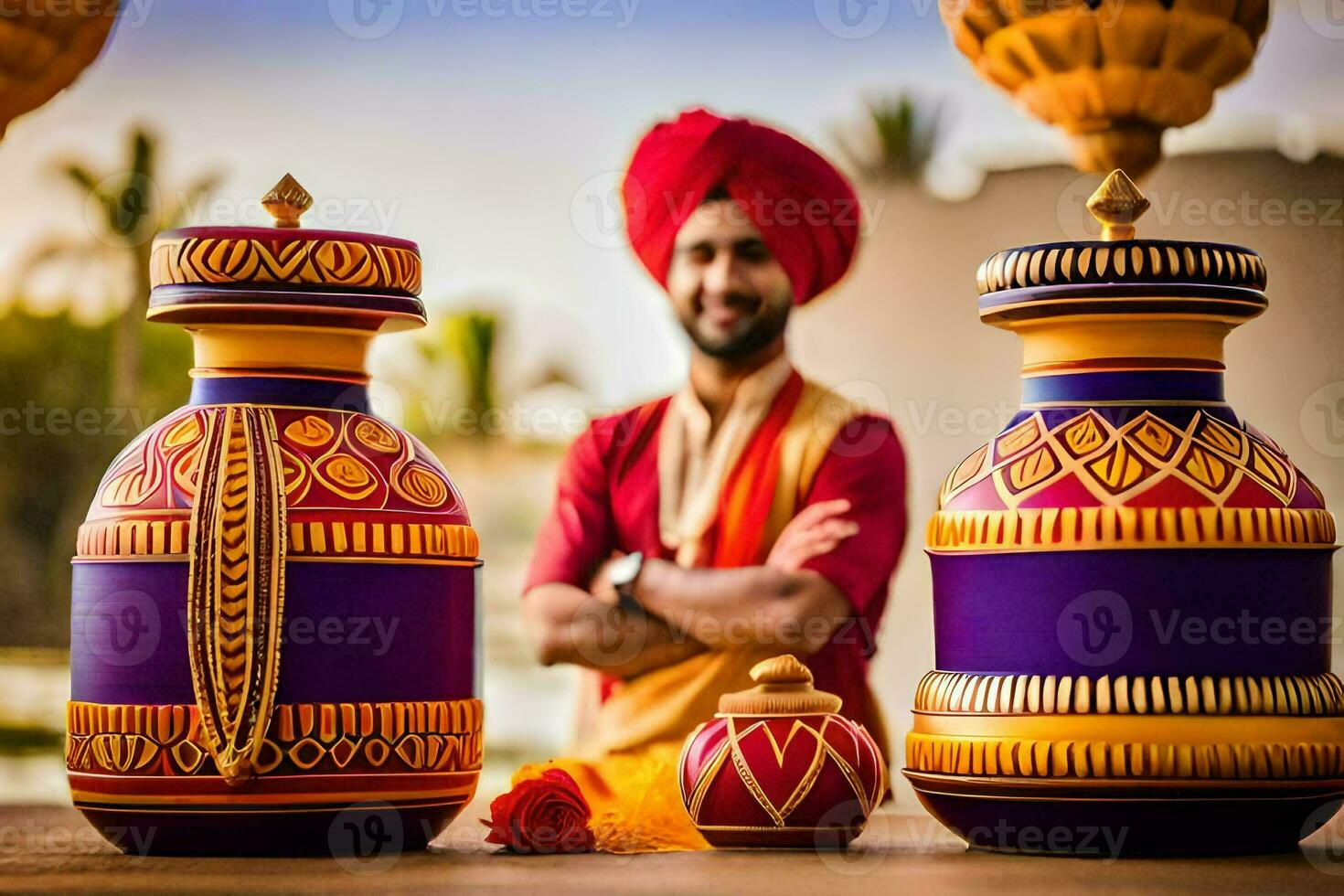 a man in a turban standing next to some colorful vases. AI-Generated photo
