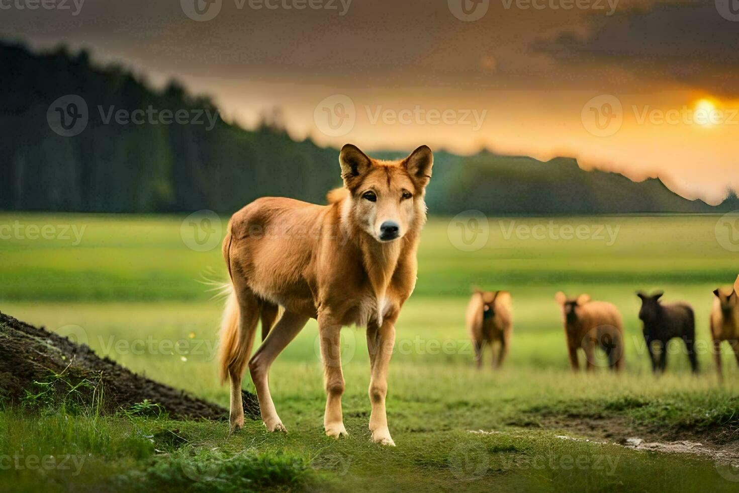 a group of brown dogs standing in a field. AI-Generated photo
