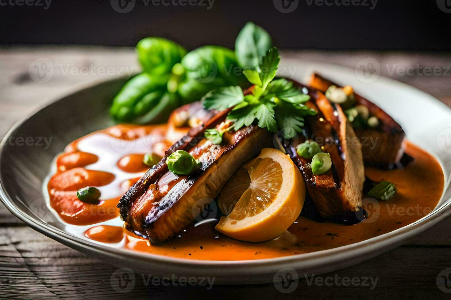 a plate of food with meat and sauce. AI-Generated photo