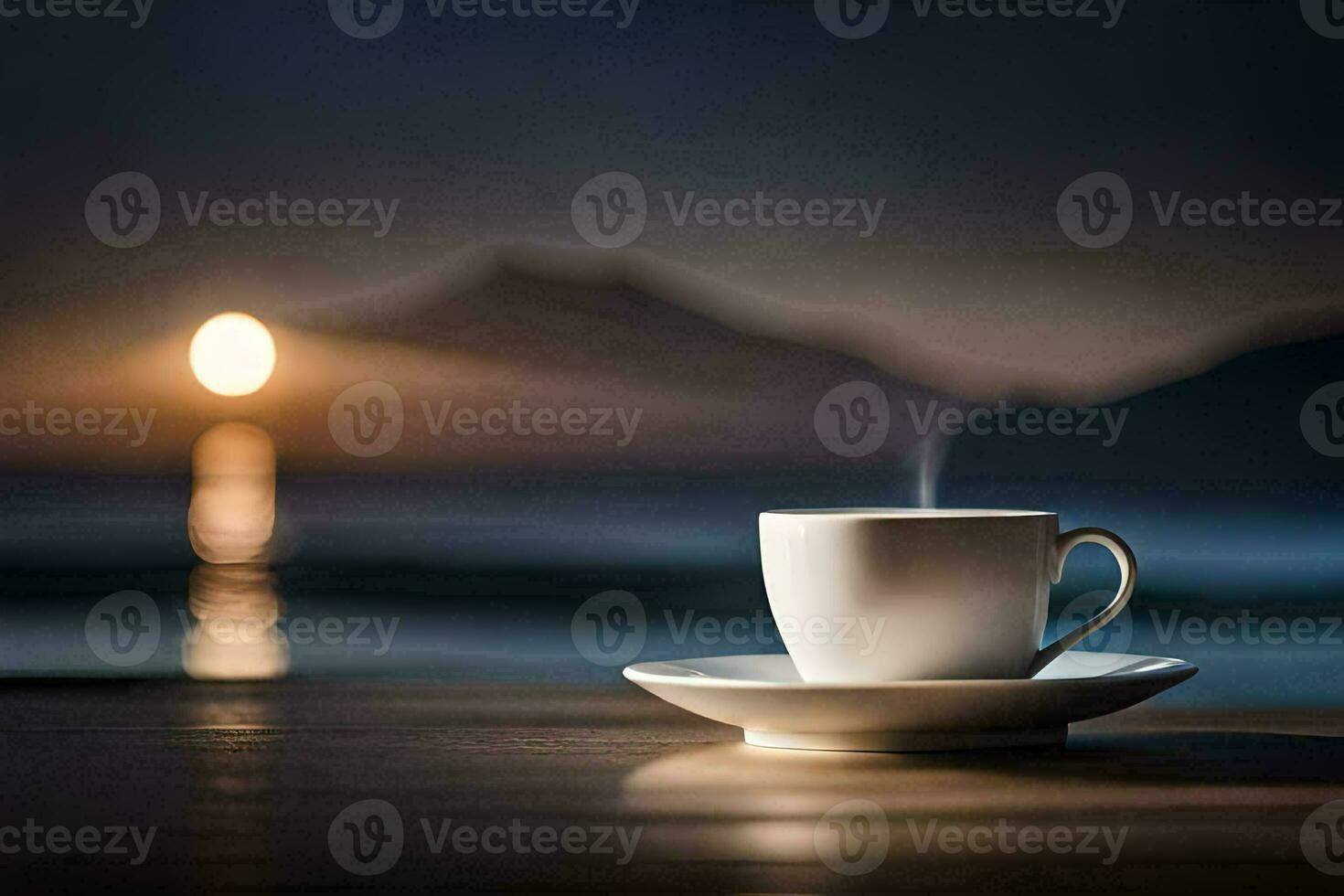 coffee cup on a table with a view of the ocean. AI-Generated photo