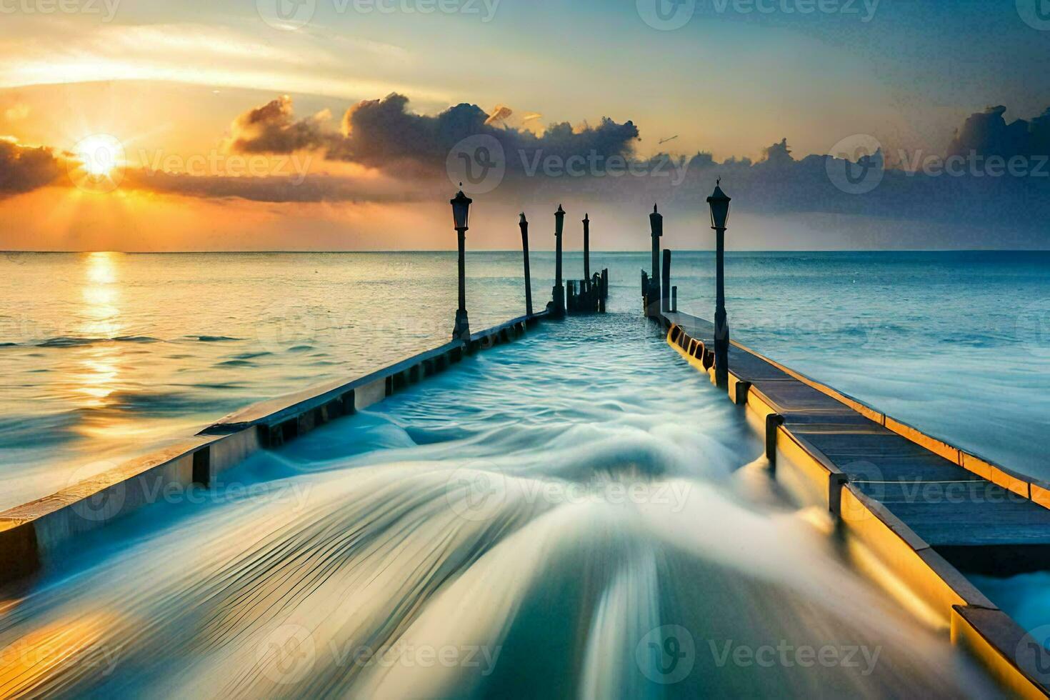 a long exposure photo of a pier at sunset. AI-Generated