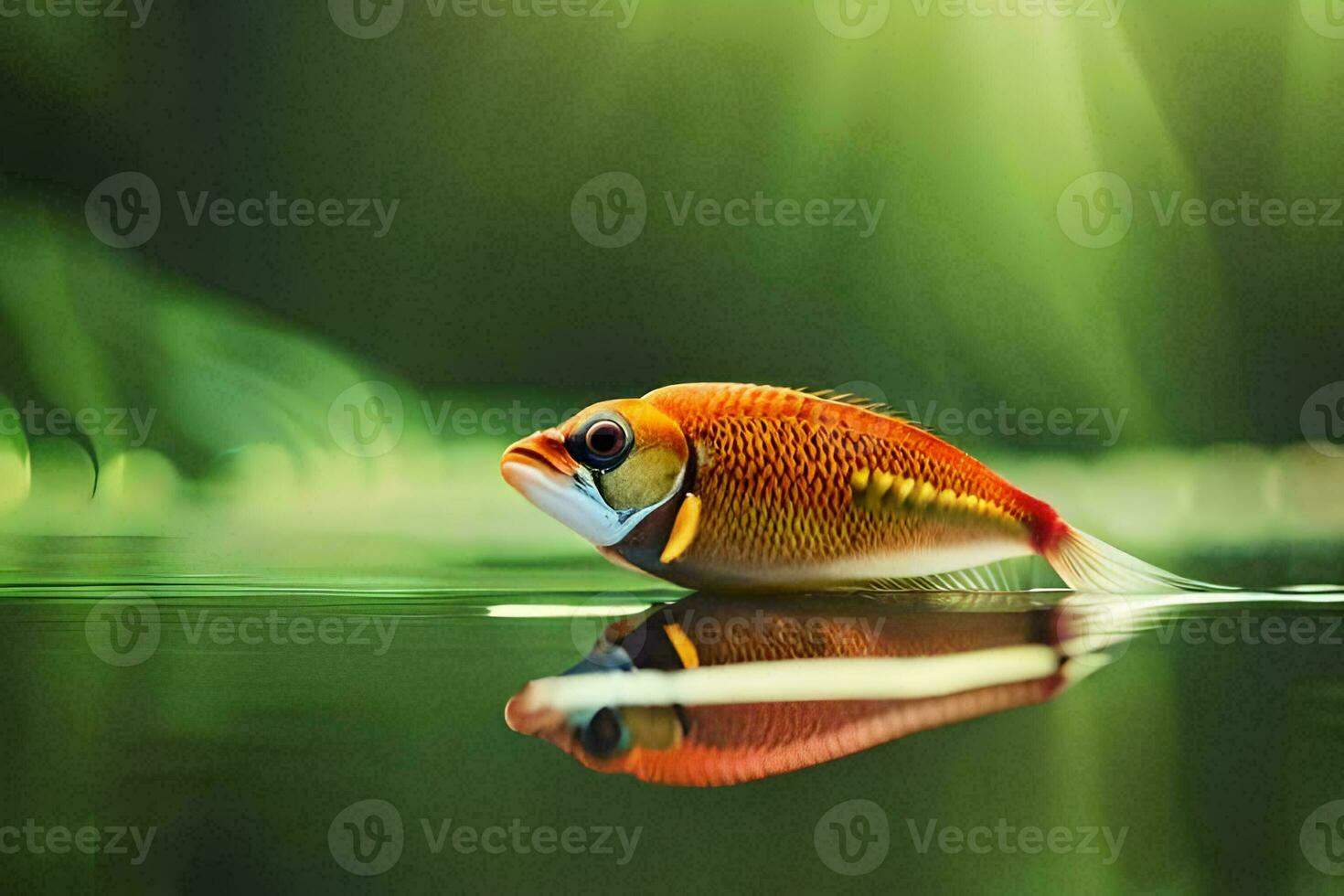 a fish is floating in the water with a green background. AI-Generated photo