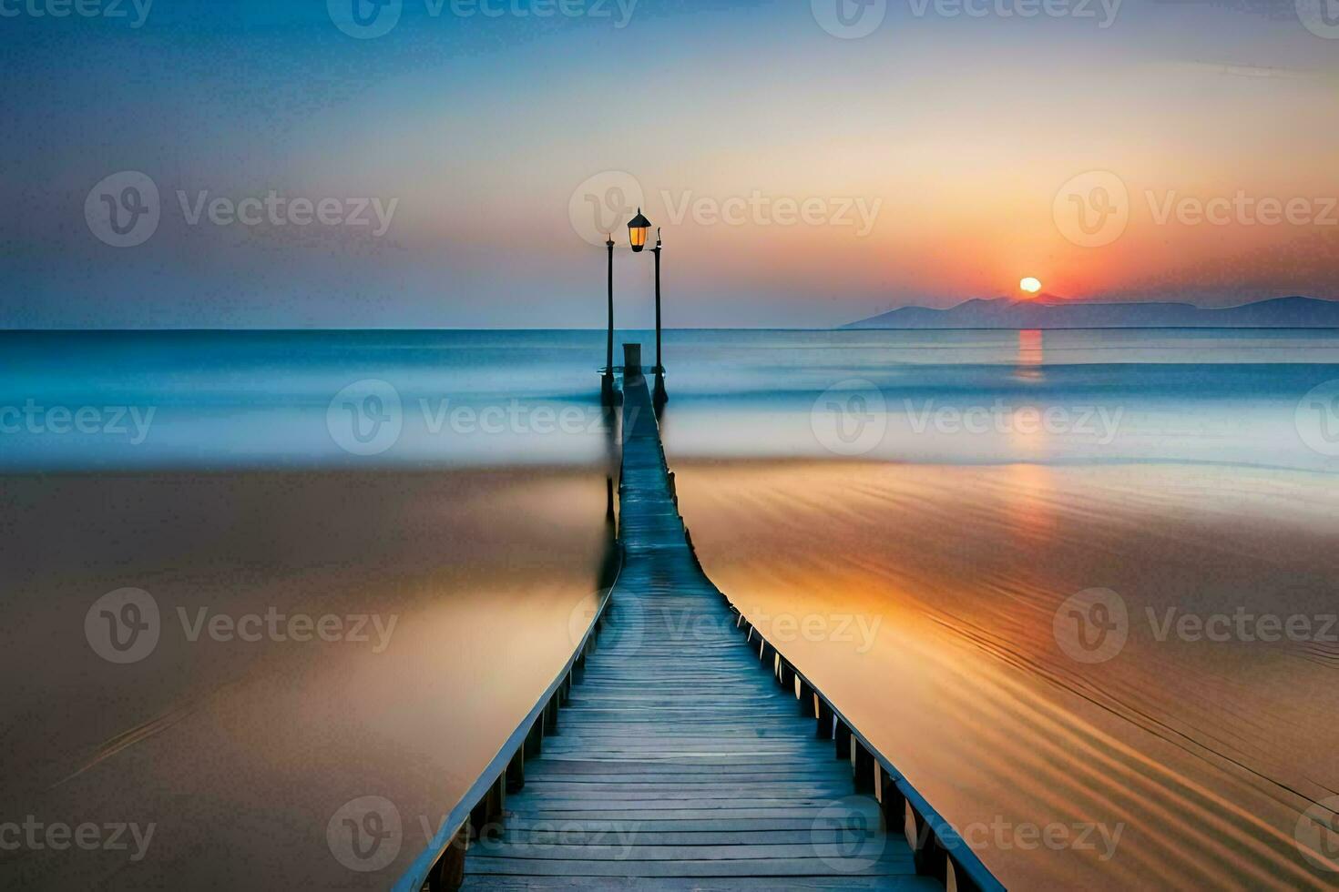 a long pier stretches out into the ocean at sunset. AI-Generated photo