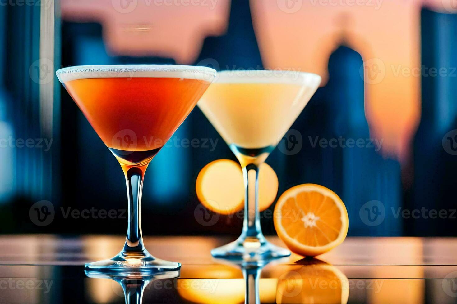 two cocktails sit on a table with a city skyline in the background. AI-Generated photo