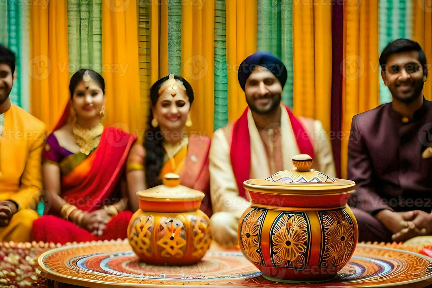 a group of indian wedding guests pose for a photo. AI-Generated photo